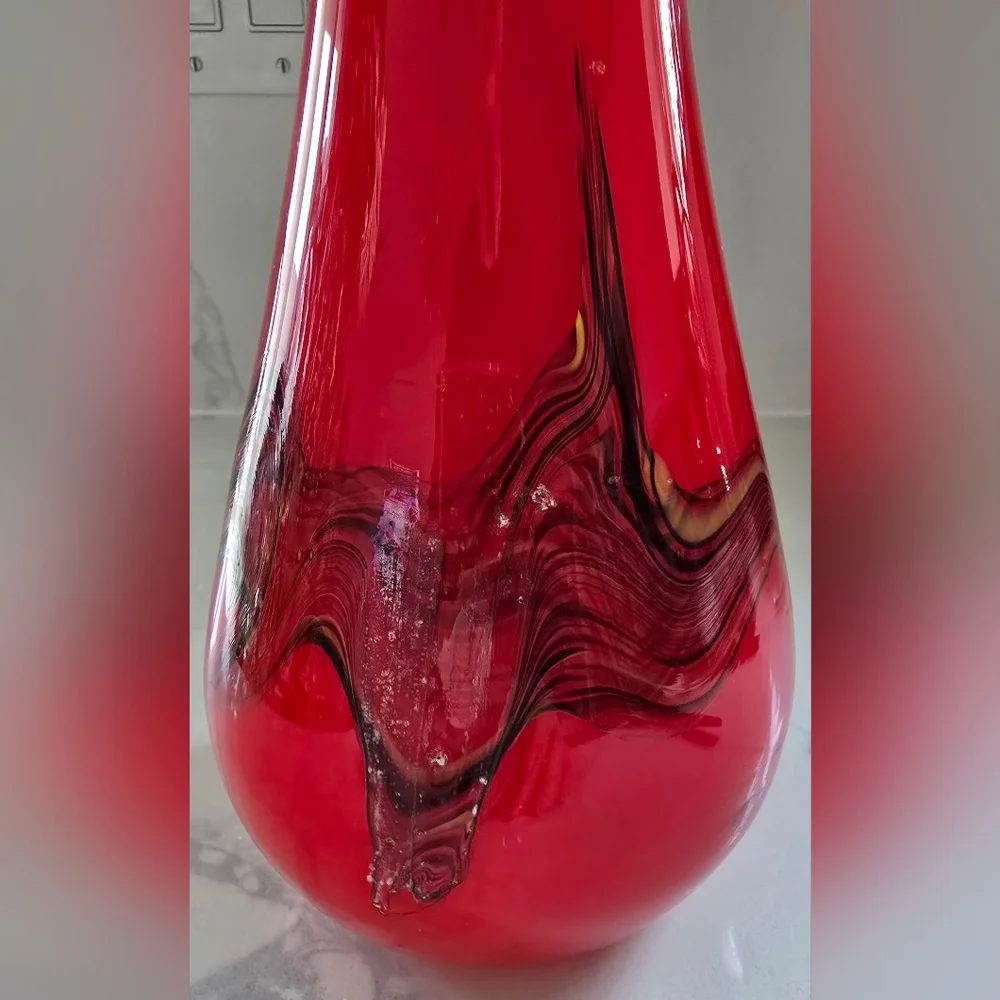 Vintage Hand Blown Red w/ Blue Yellow White Streaks Art Glass Vase 14.5 In. ‎ #2